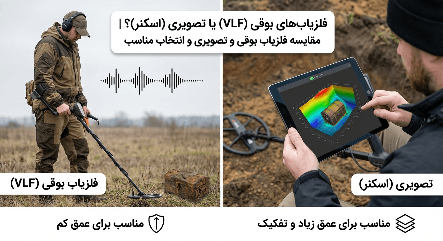 فلزیاب‌های بوقی (VLF) یا تصویری (اسکنر)؟ | مقایسه فلزیاب بوقی و تصویری و انتخاب مناسب